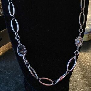 Brighton vintage long silver link, hammered square, and‎ smoke crystal necklace